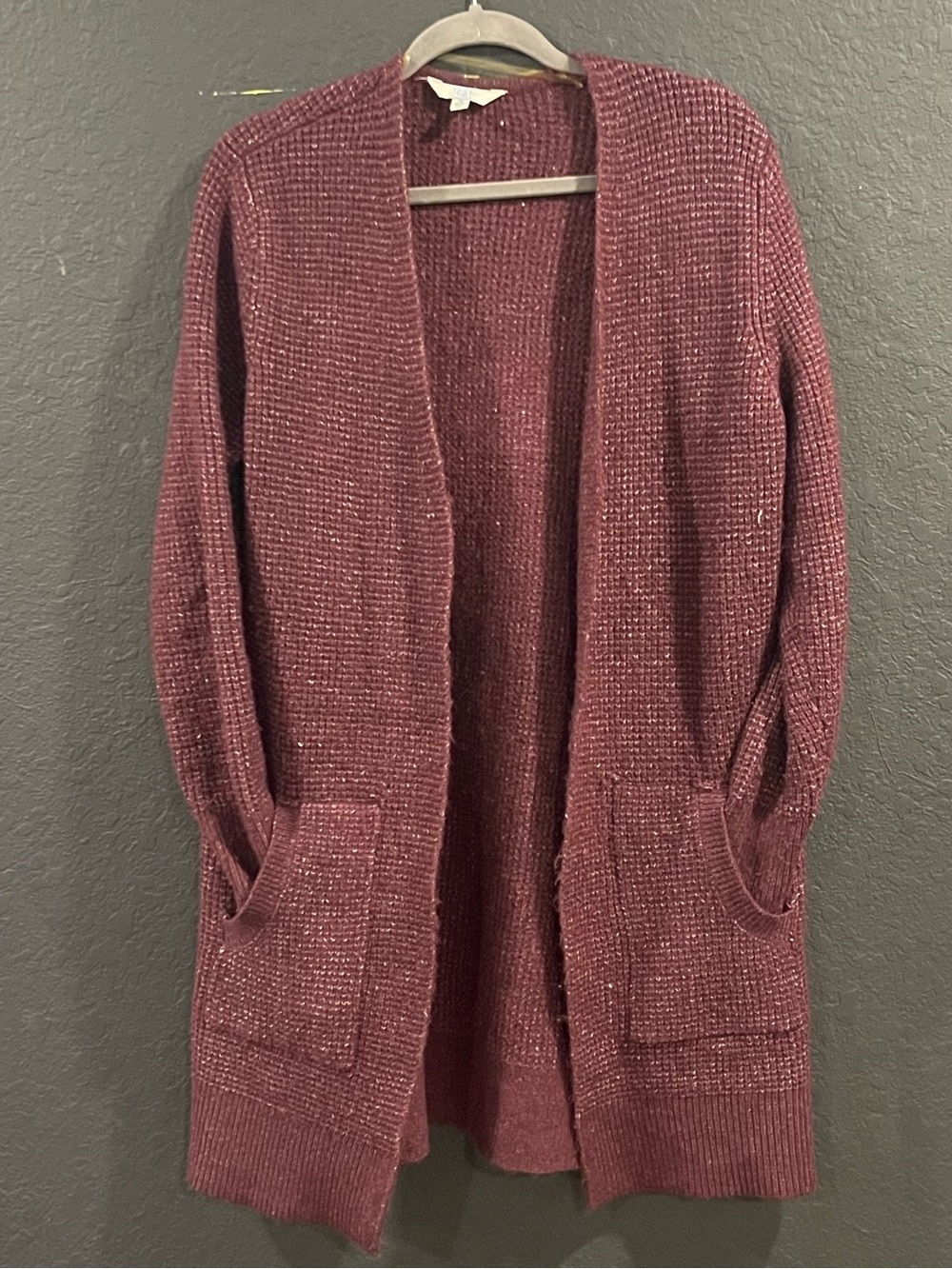 Time and Tru Maroon Open-Front Knit Cardigan